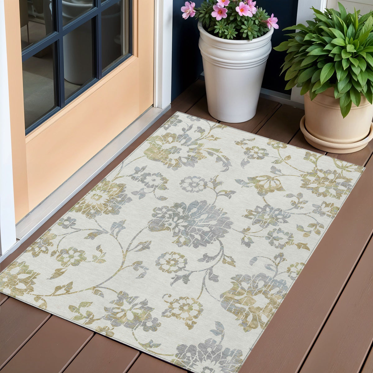 3' X 5' Ivory Gray And Gold Floral Washable Indoor Outdoor Area Rug