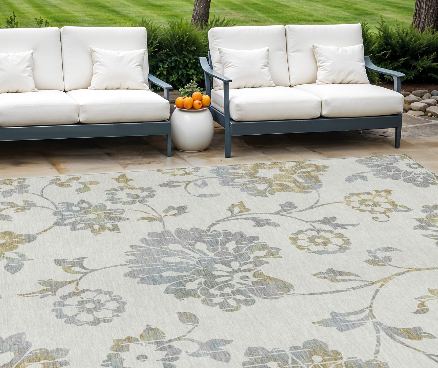 9' X 12' Ivory Gray And Gold Floral Washable Indoor Outdoor Area Rug