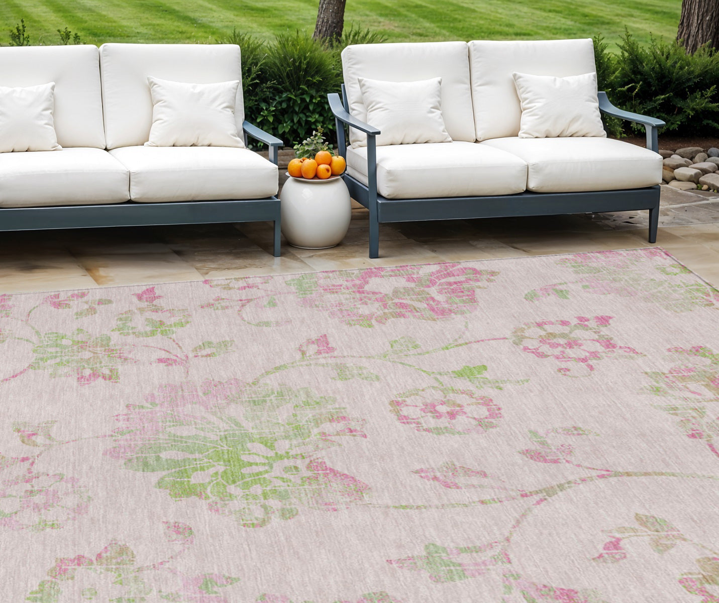 9' X 12' Pink Blush And Artichoke Green Floral Washable Indoor Outdoor Area Rug