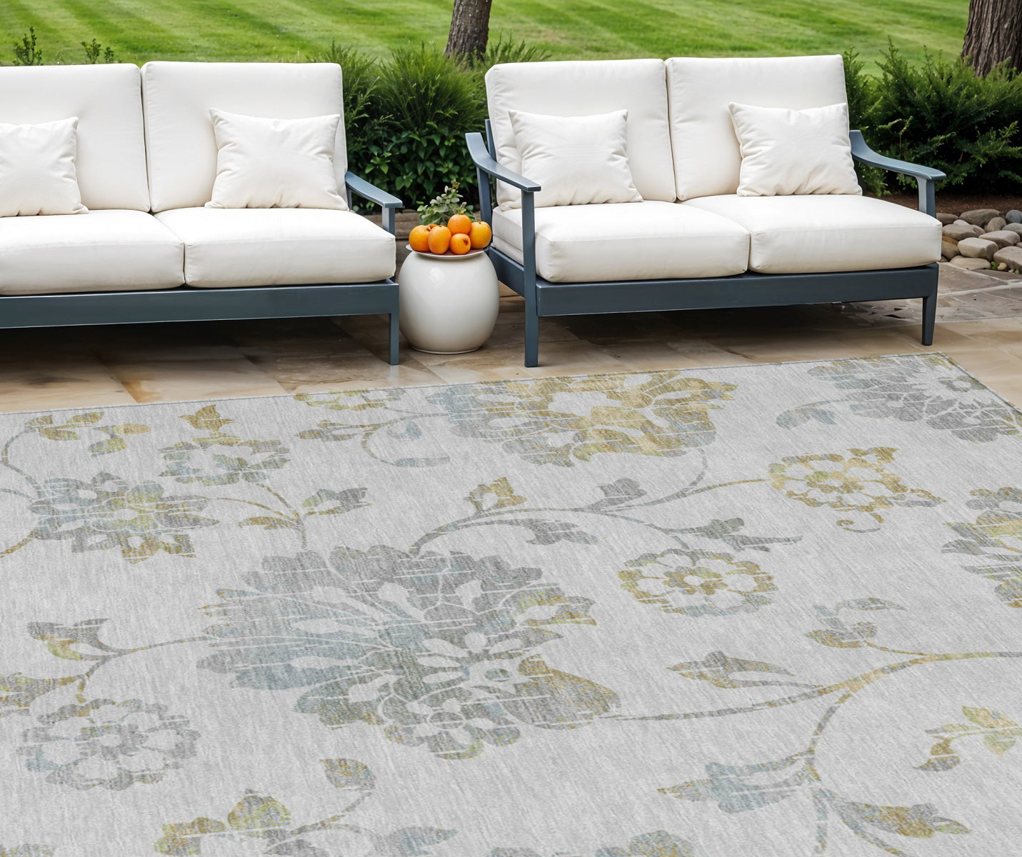 9' X 12' Silver Gray And Gold Floral Washable Indoor Outdoor Area Rug