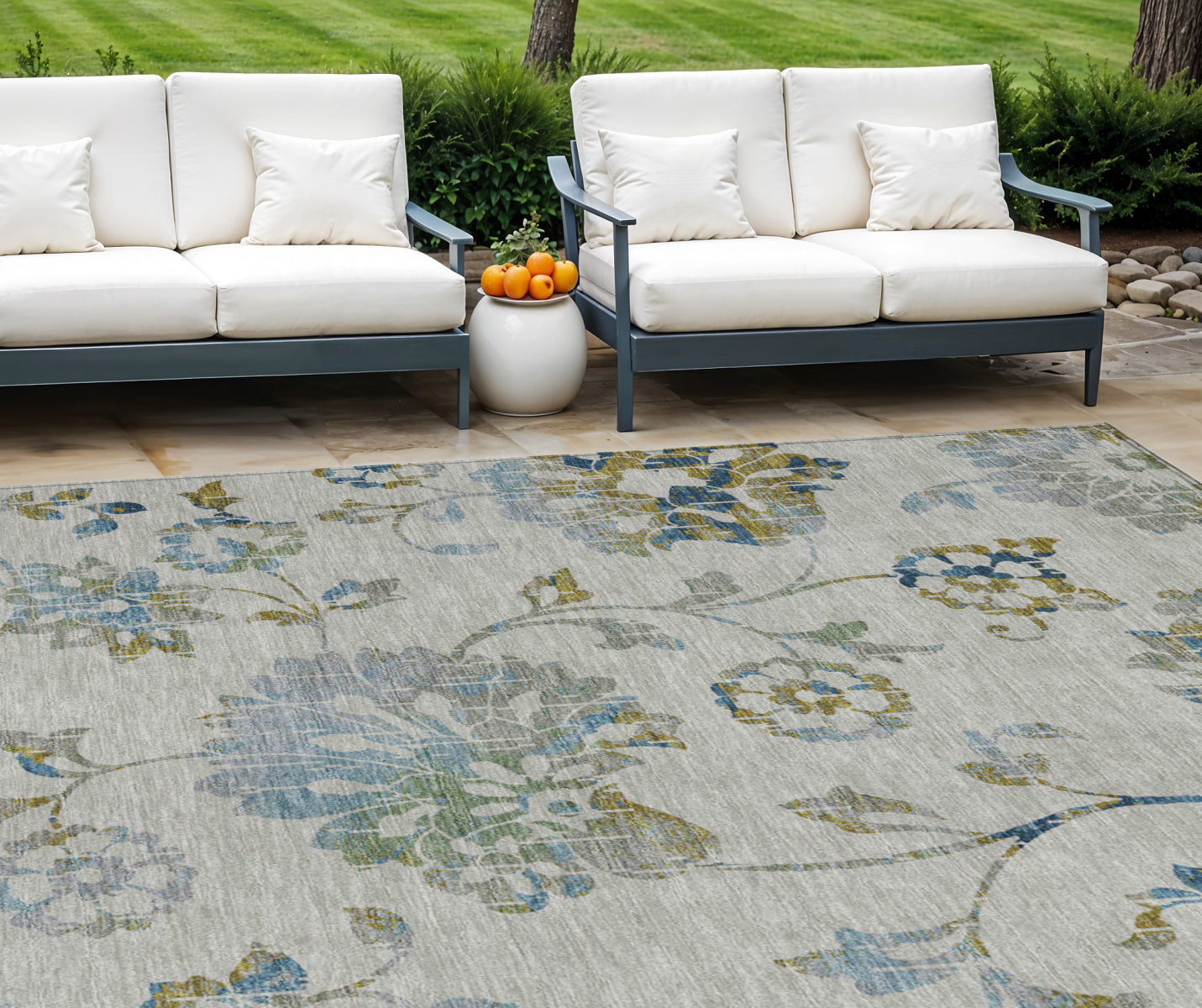 10' X 14' Taupe Navy Blue And Denim Blue Floral Washable Indoor Outdoor Area Rug