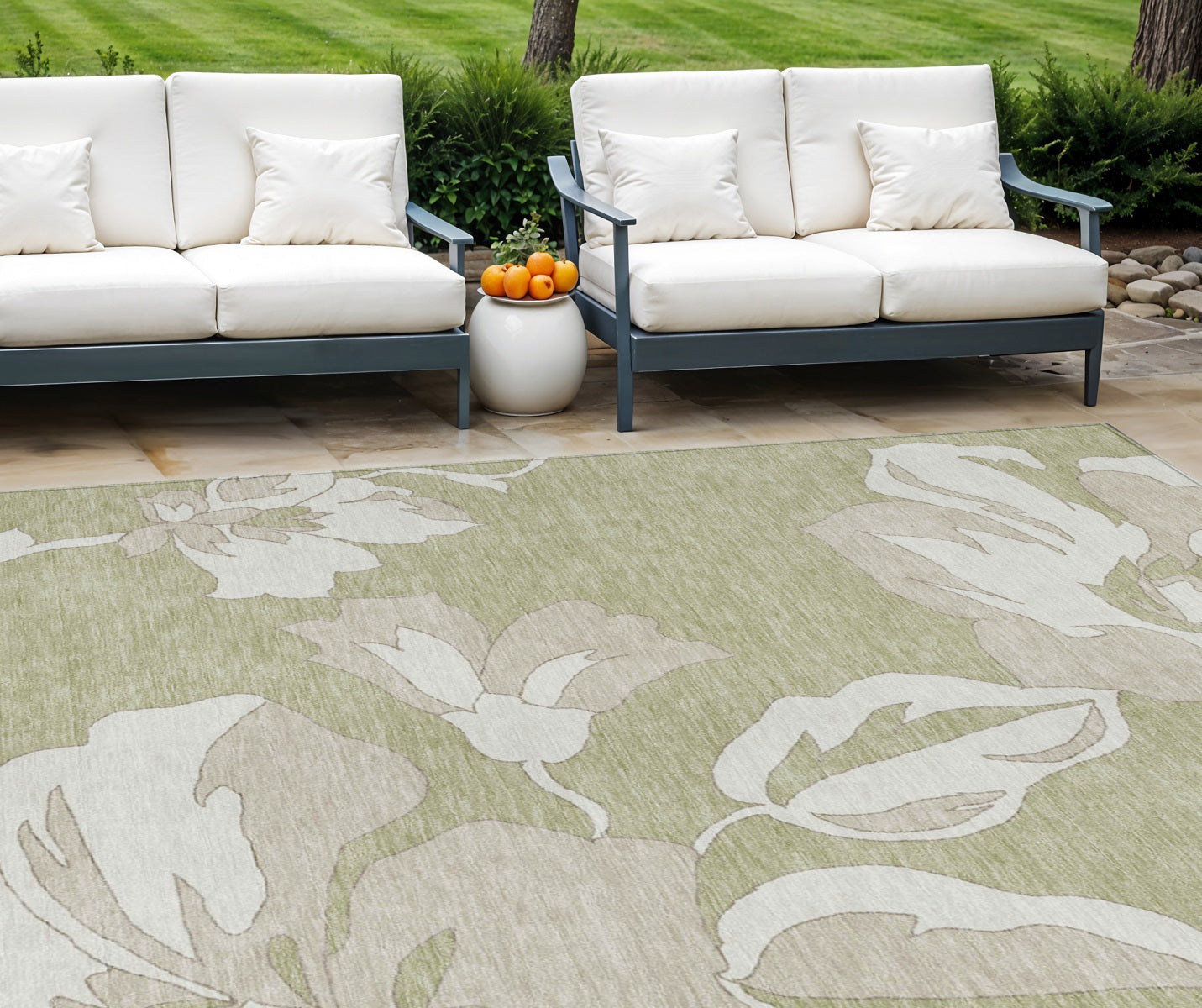 10' X 14' Artichoke Green Ivory And Taupe Floral Washable Indoor Outdoor Area Rug