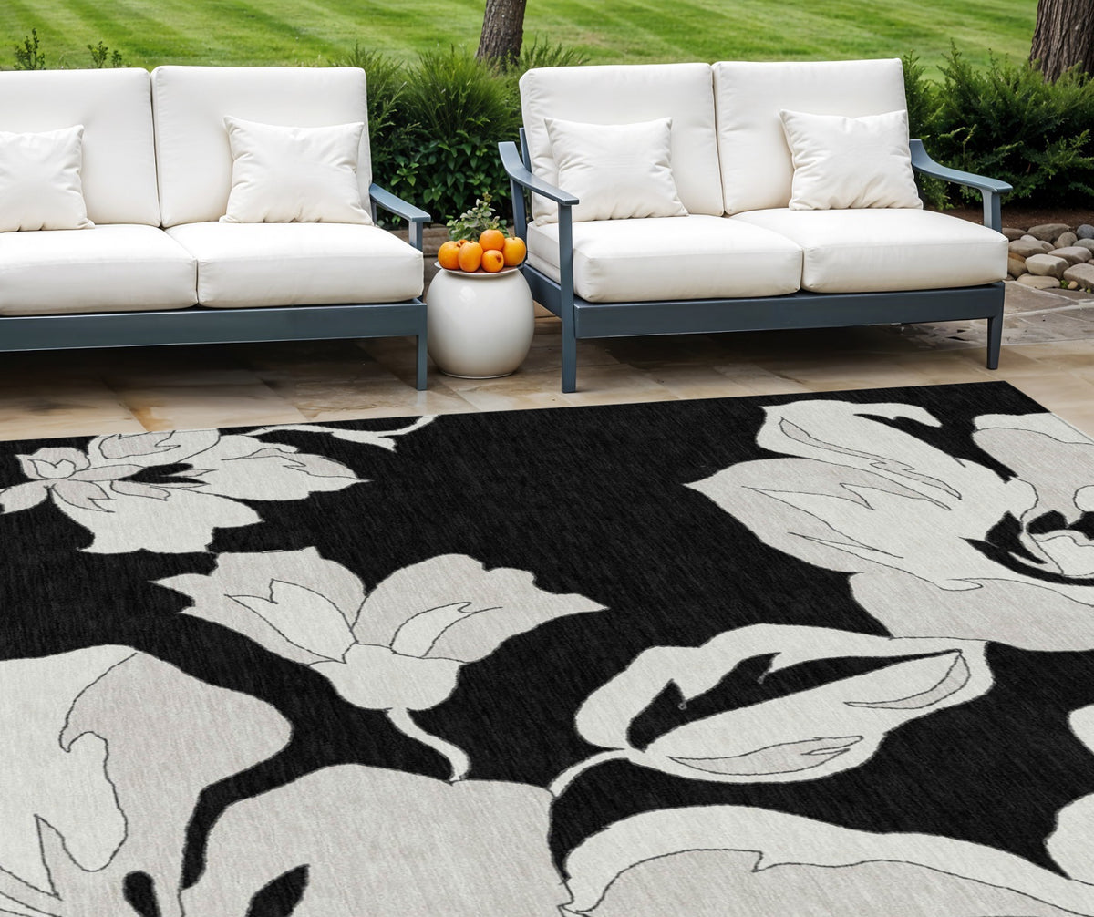 9' X 12' Black Gray And Silver Floral Washable Indoor Outdoor Area Rug