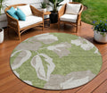 8' Olive Green Taupe And Beige Round Floral Washable Indoor Outdoor Area Rug