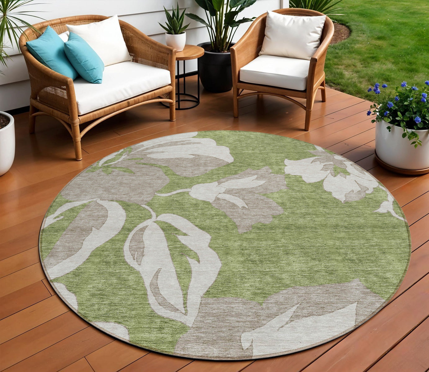 8' Olive Green Taupe And Beige Round Floral Washable Indoor Outdoor Area Rug