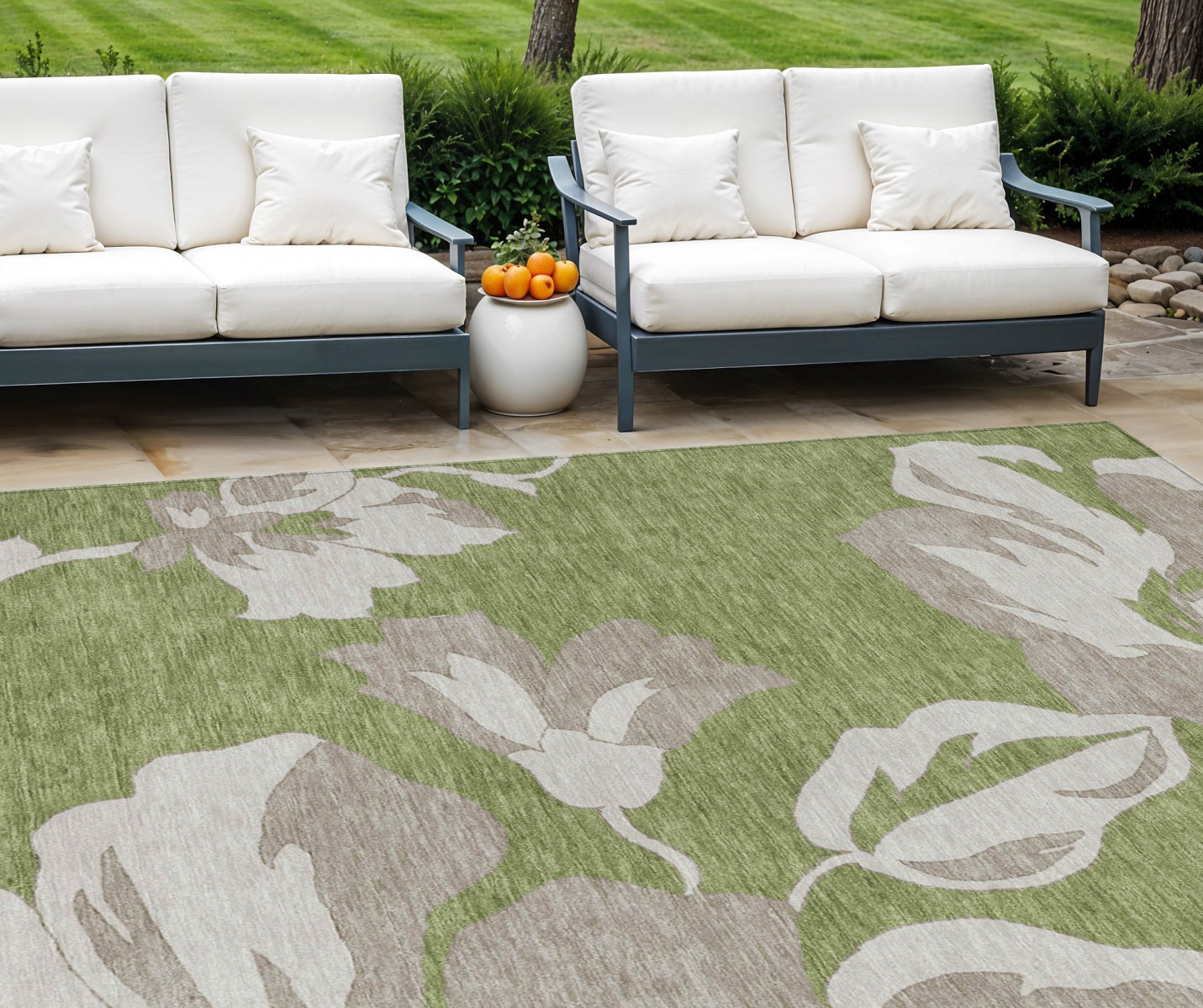 9' X 12' Olive Green Taupe And Beige Floral Washable Indoor Outdoor Area Rug