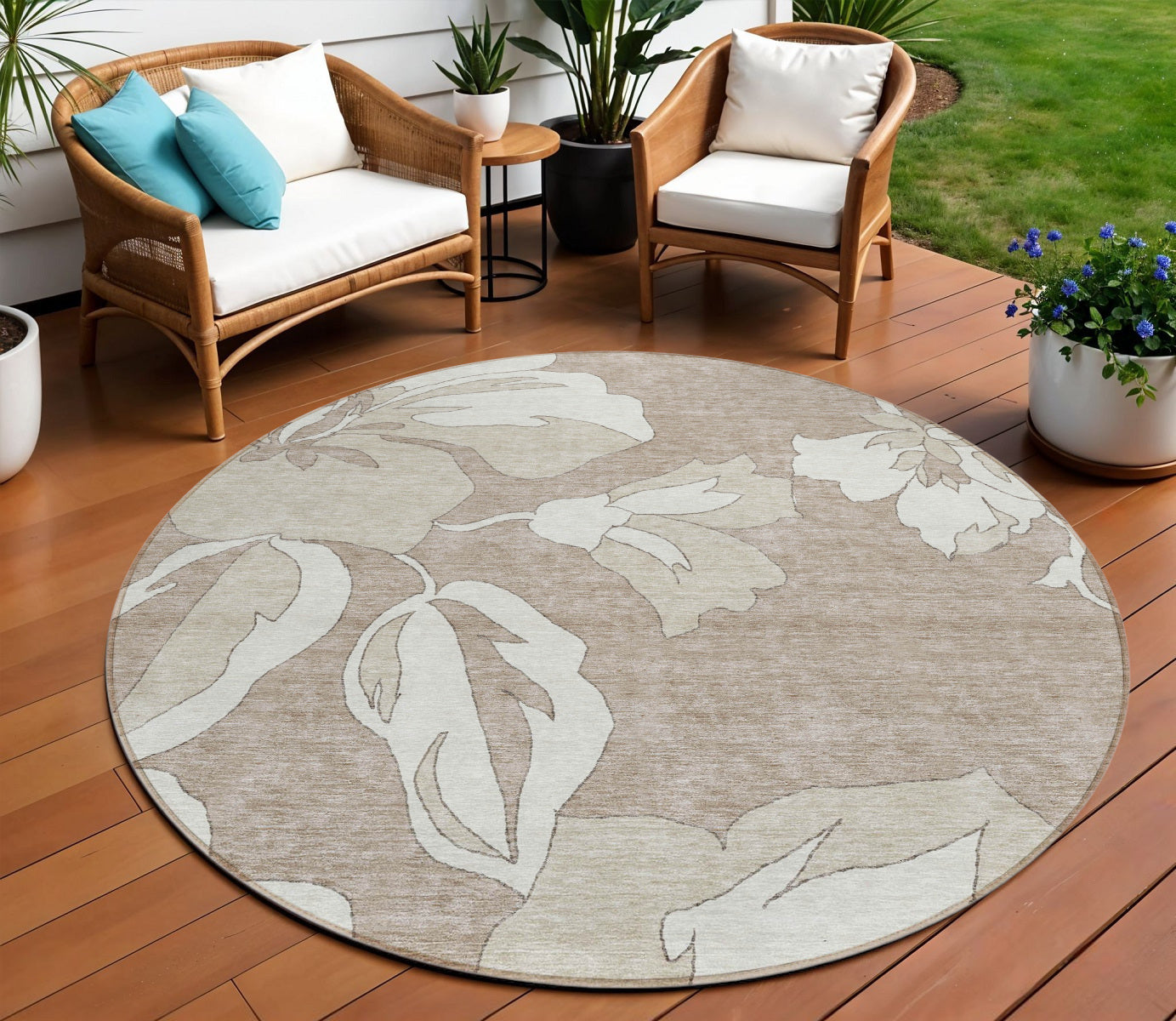 8' Taupe Beige And Ivory Round Floral Washable Indoor Outdoor Area Rug