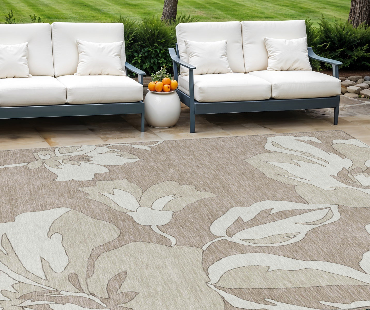 10' X 14' Taupe Beige And Ivory Floral Washable Indoor Outdoor Area Rug