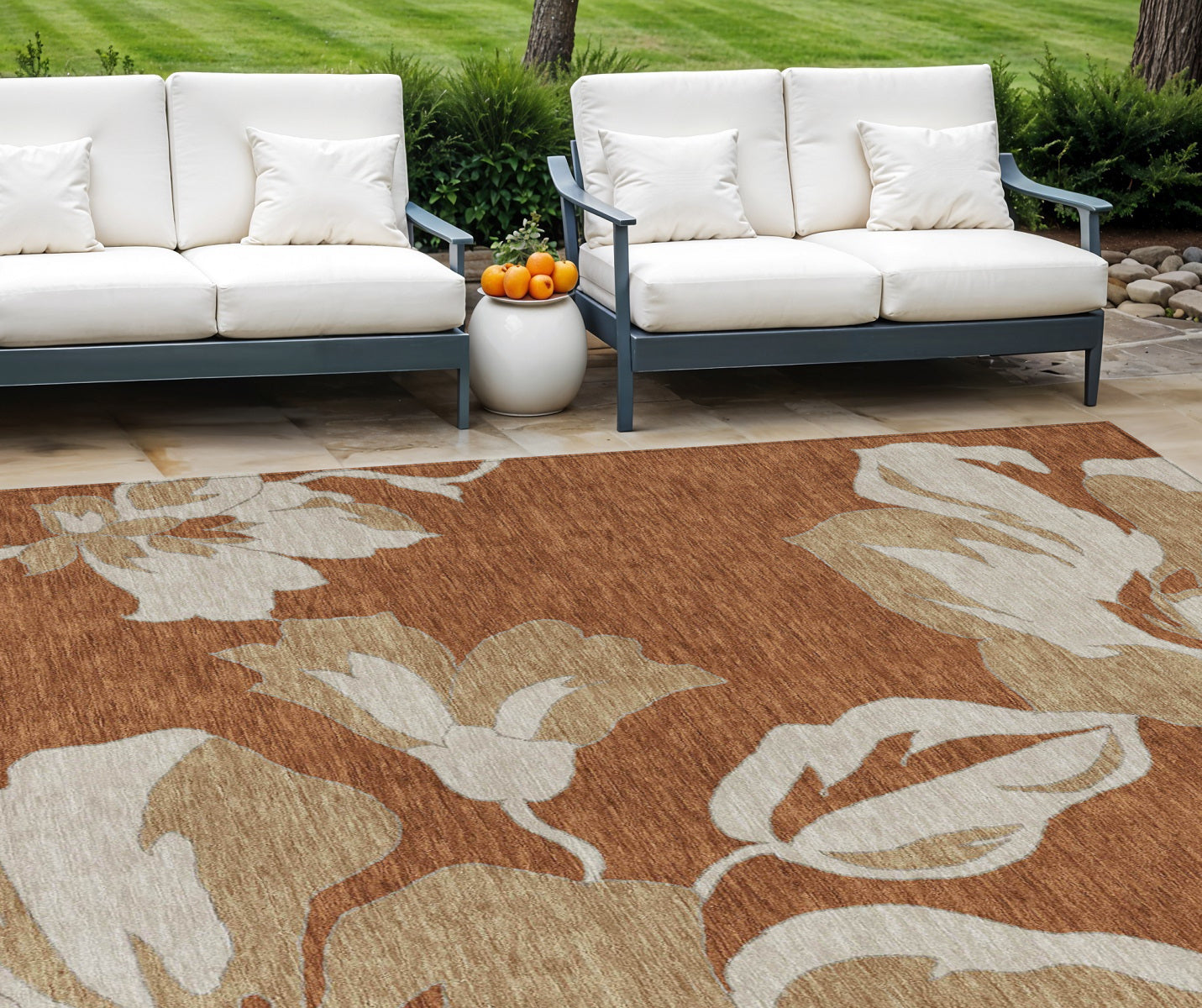 9' X 12' Terra Cotta And Beige Floral Washable Indoor Outdoor Area Rug