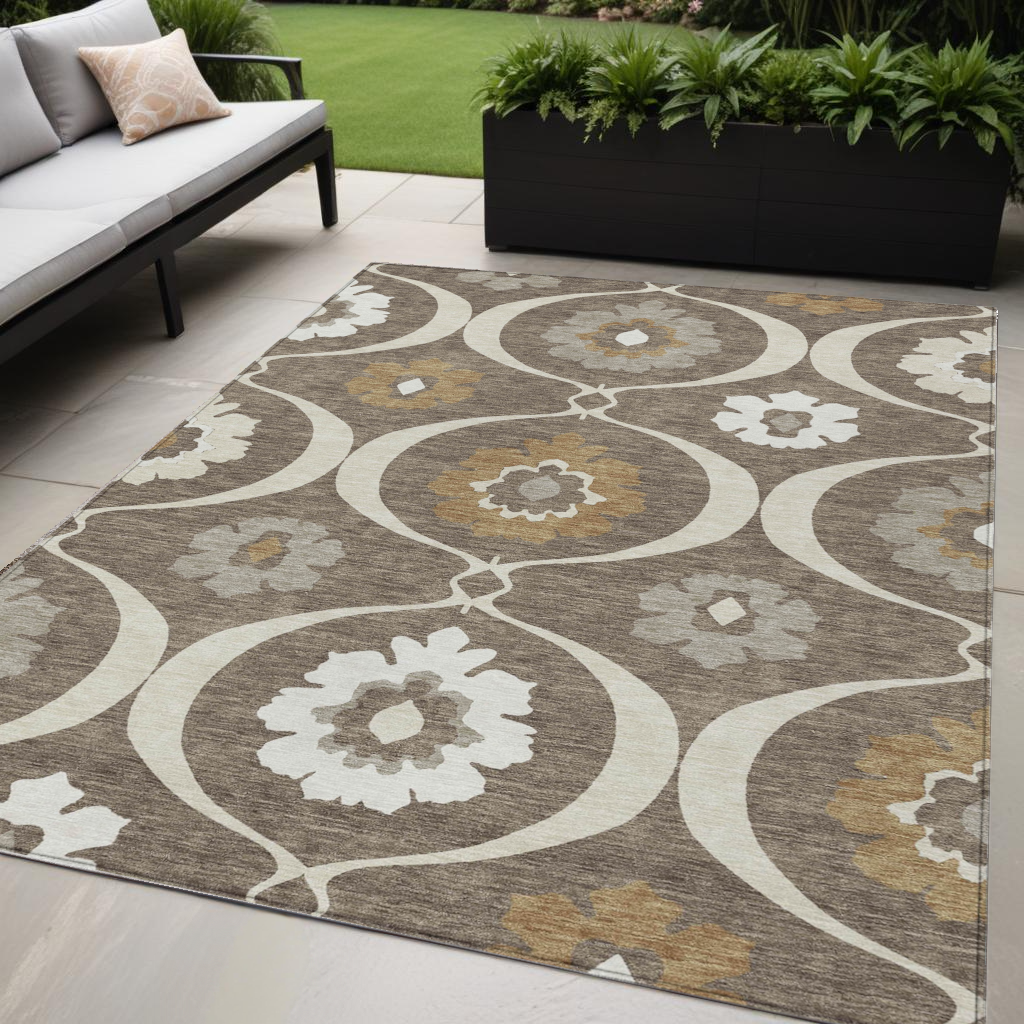 5' X 8' Brown Beige And Taupe Medallion Washable Indoor Outdoor Area Rug