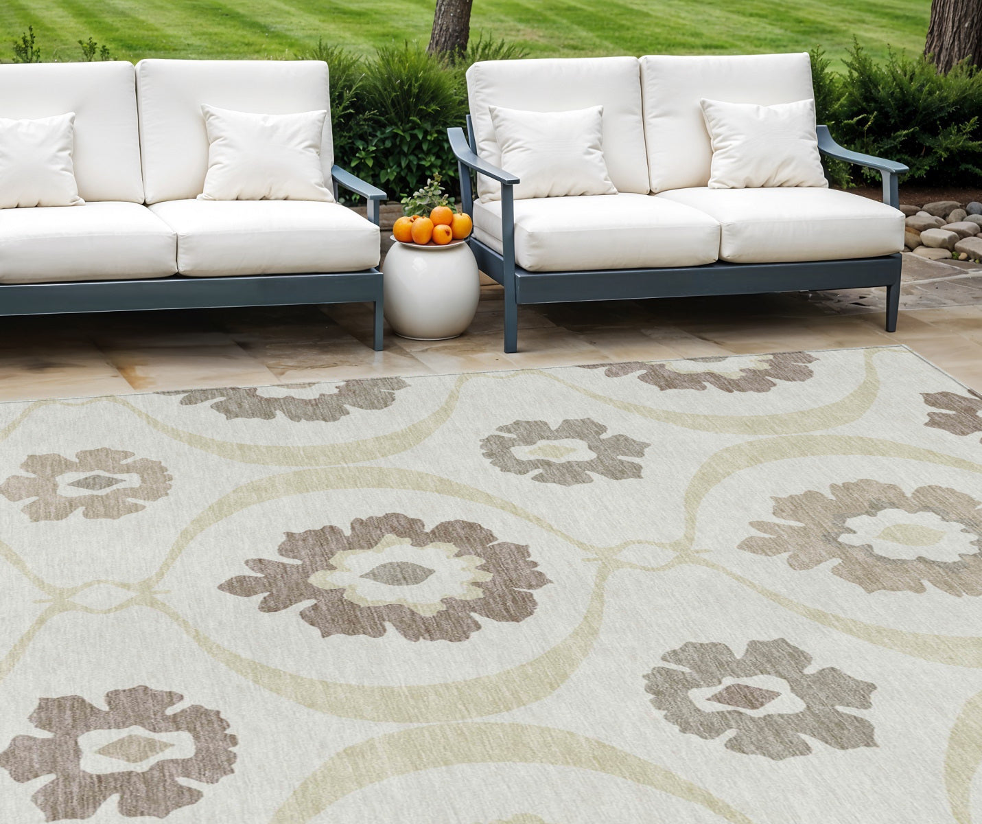 9' X 12' Ivory Taupe And Brown Medallion Washable Indoor Outdoor Area Rug