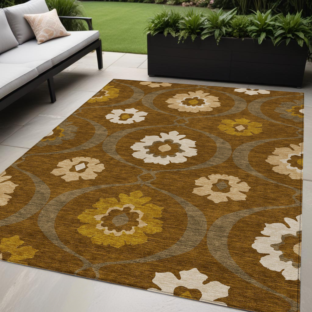 5' X 8' Brown Beige And Gold Medallion Washable Indoor Outdoor Area Rug