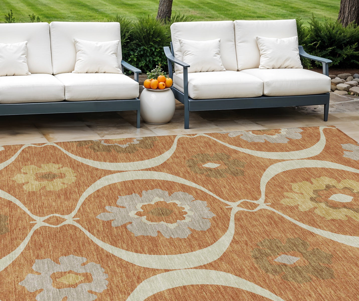 9' X 12' Orange Copper And Gray Medallion Washable Indoor Outdoor Area Rug