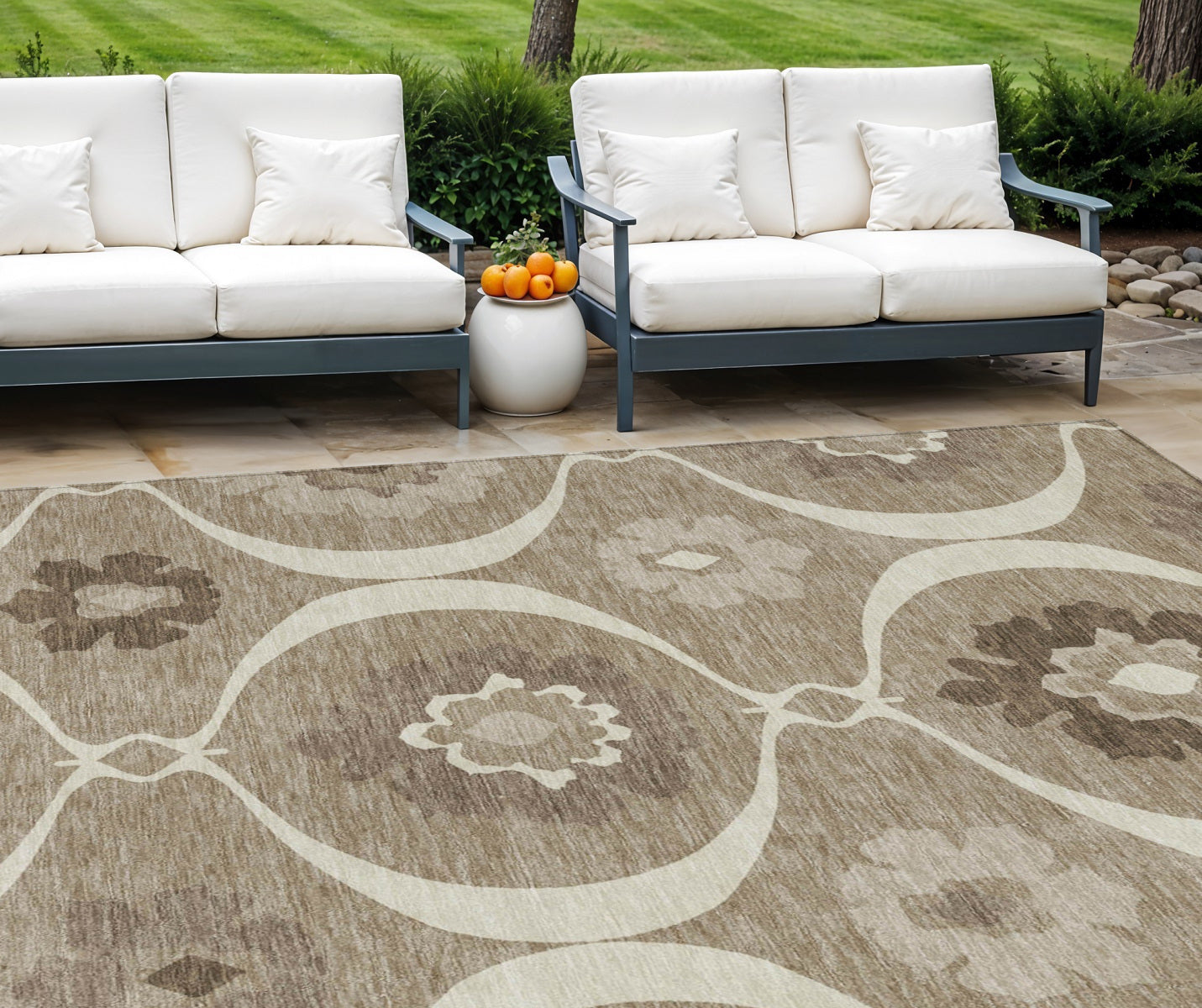 9' X 12' Taupe Brown And Ivory Medallion Washable Indoor Outdoor Area Rug