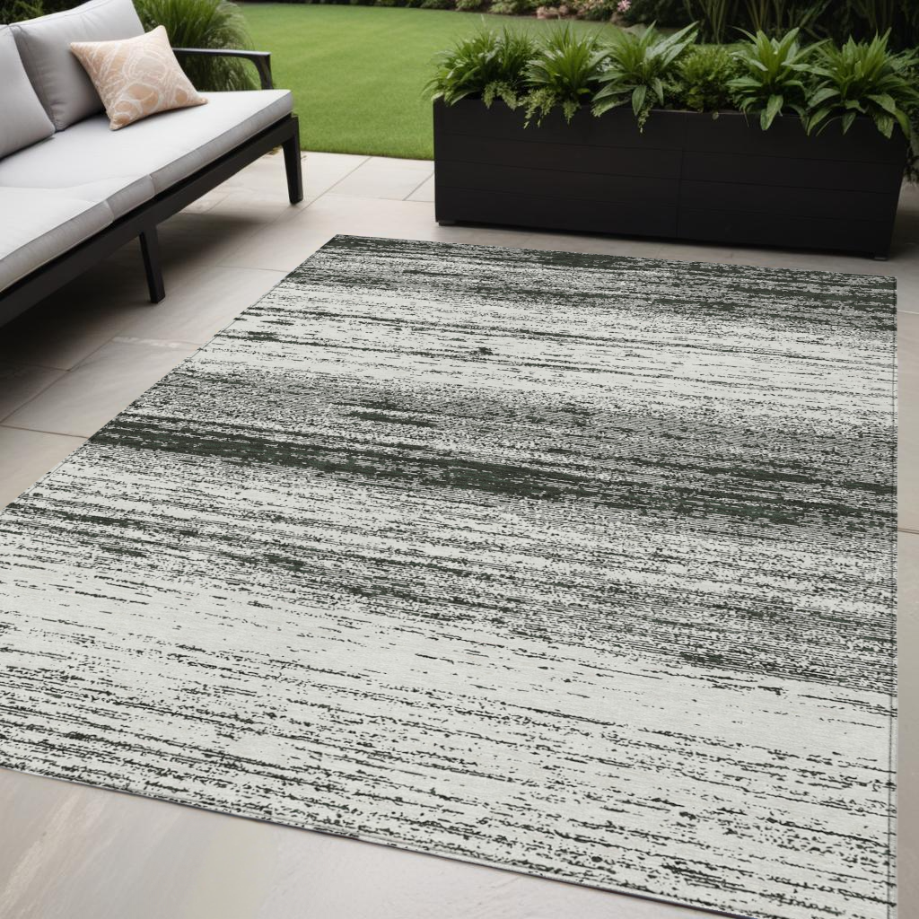 5' X 8' Black Ivory And Gray Striped Washable Indoor Outdoor Area Rug