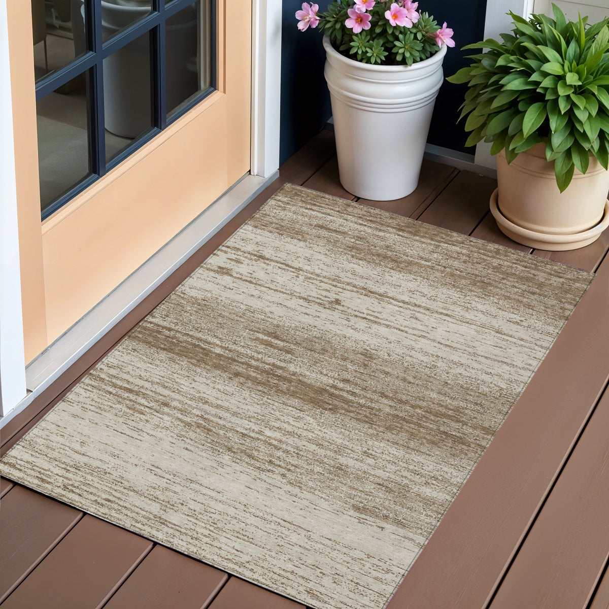 3' X 5' Brown And Beige Striped Washable Indoor Outdoor Area Rug