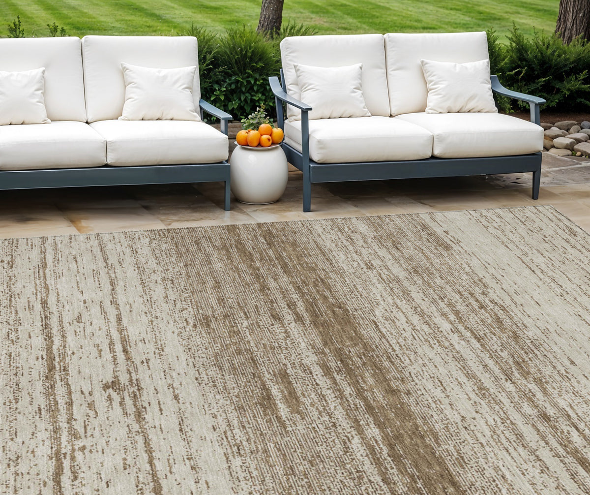 9' X 12' Brown And Beige Striped Washable Indoor Outdoor Area Rug