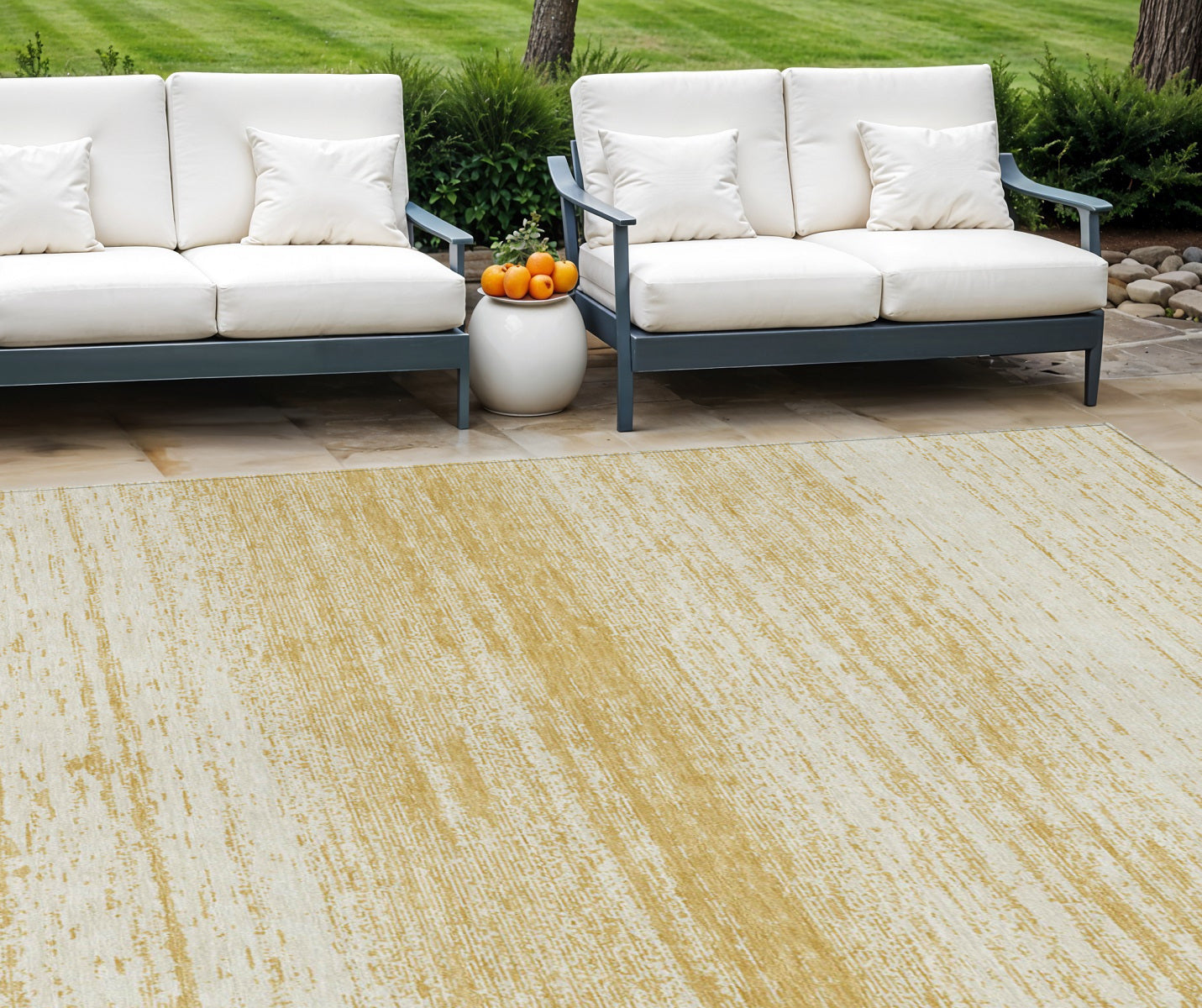 9' X 12' Gold And Ivory Striped Washable Indoor Outdoor Area Rug