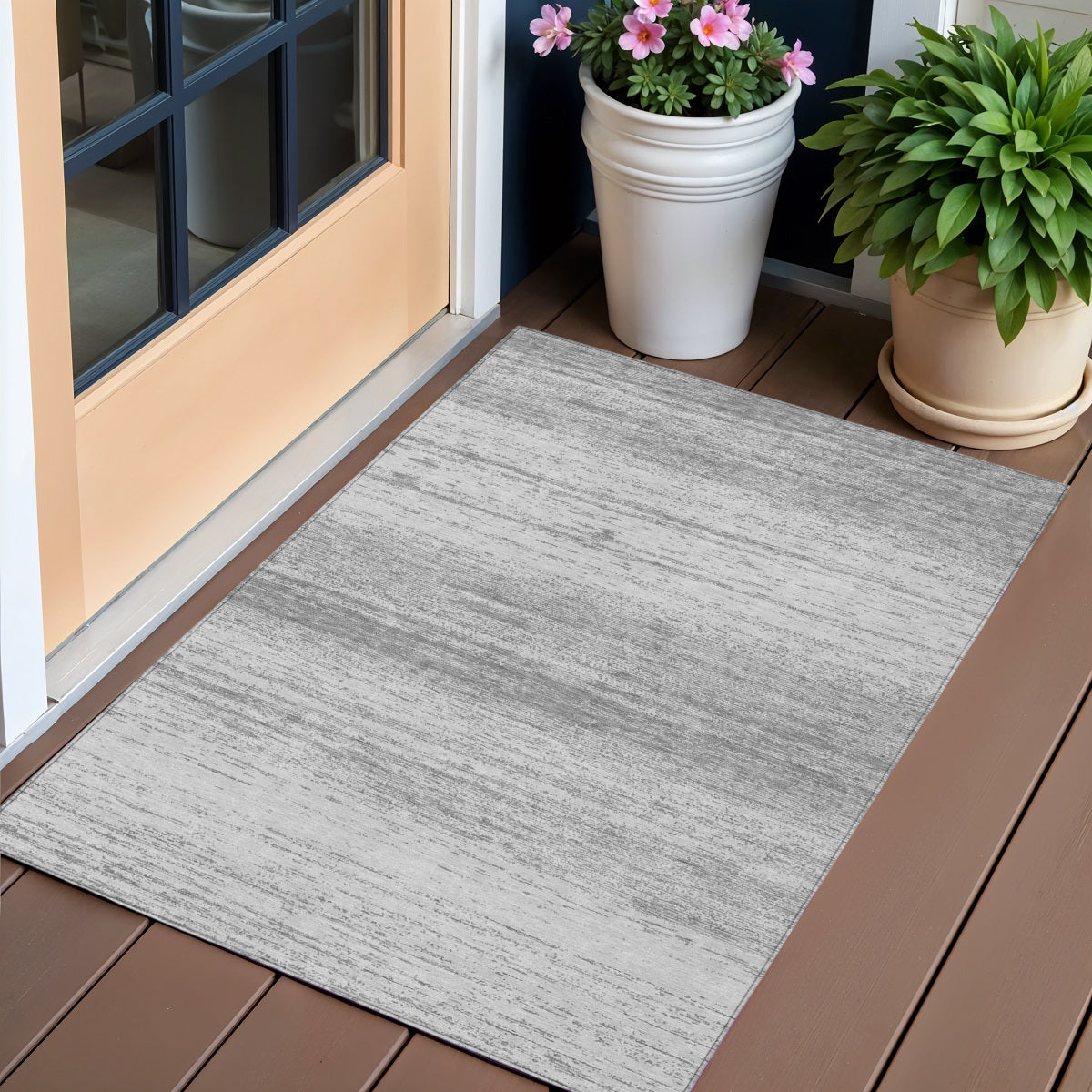 3' X 5' Gray And Silver Striped Washable Indoor Outdoor Area Rug