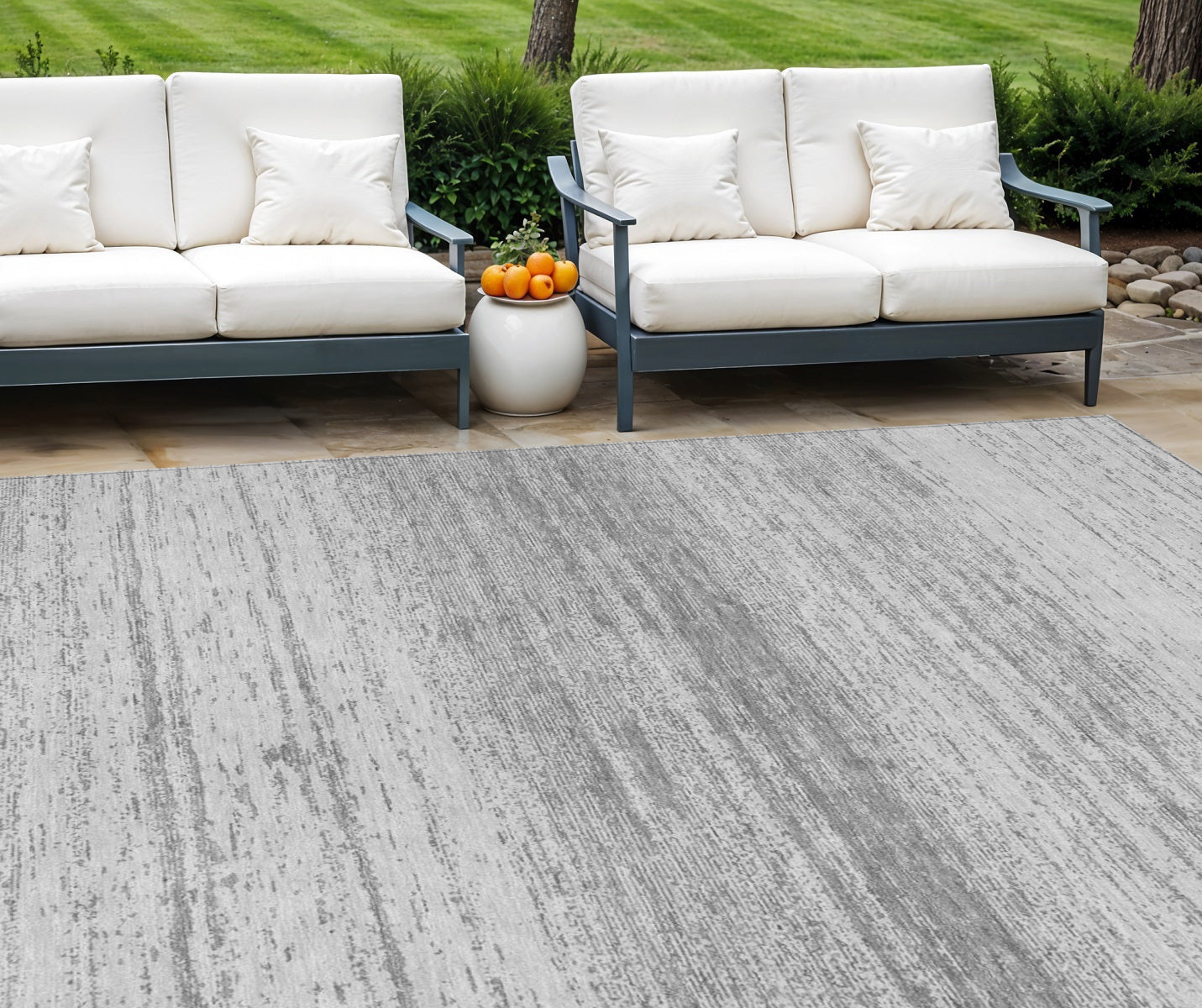 8' X 10' Gray And Silver Striped Washable Indoor Outdoor Area Rug