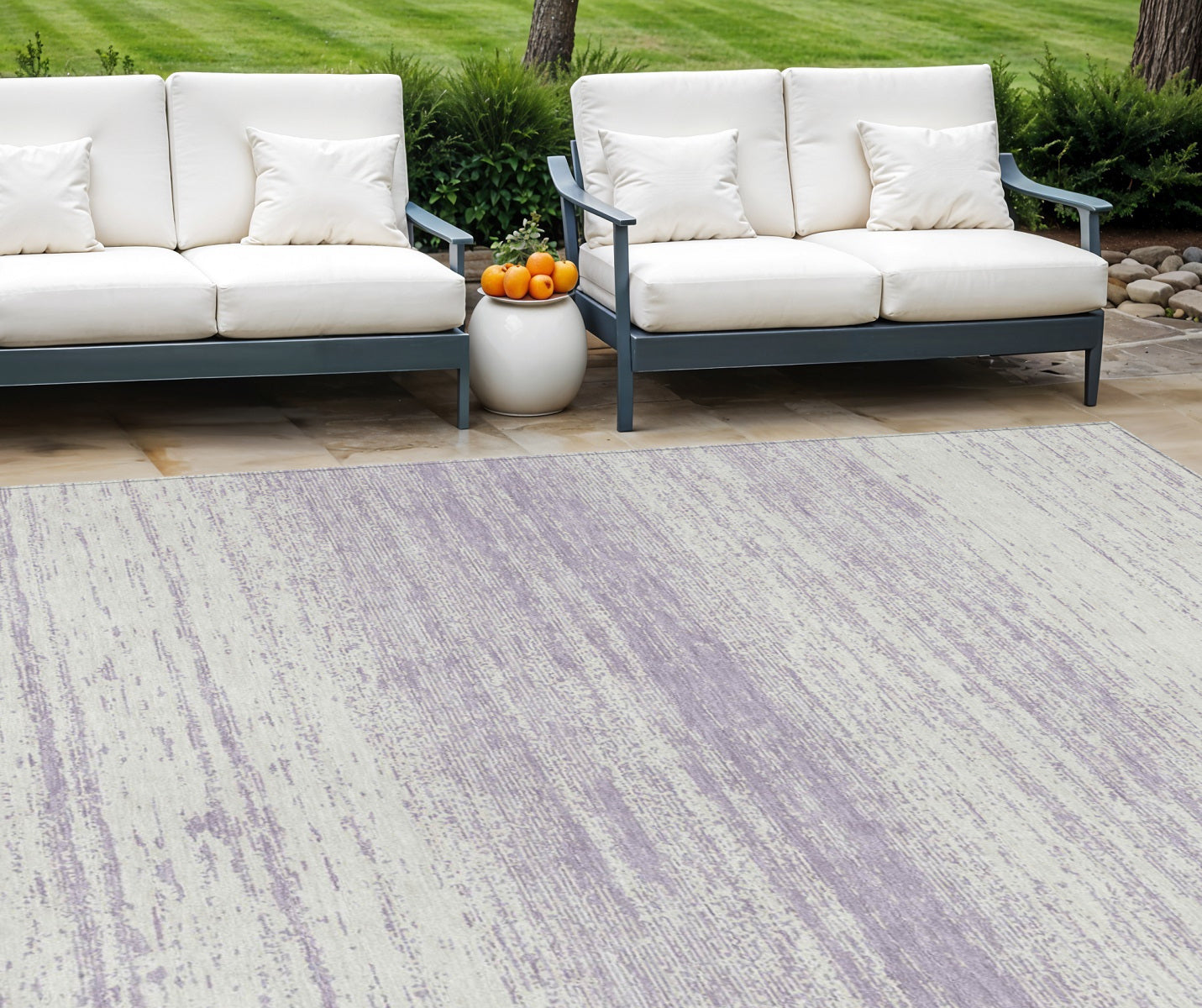 8' X 10' Lavender And Ivory Striped Washable Indoor Outdoor Area Rug