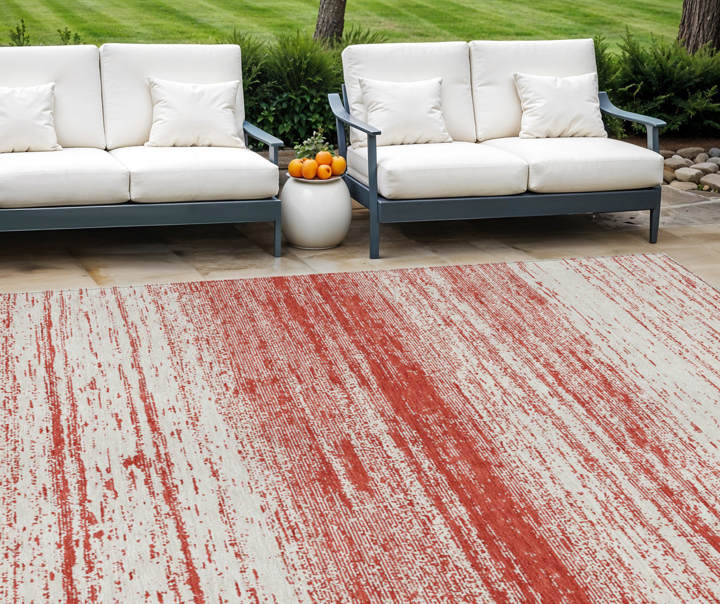 9' X 12' Red And Ivory Striped Washable Indoor Outdoor Area Rug