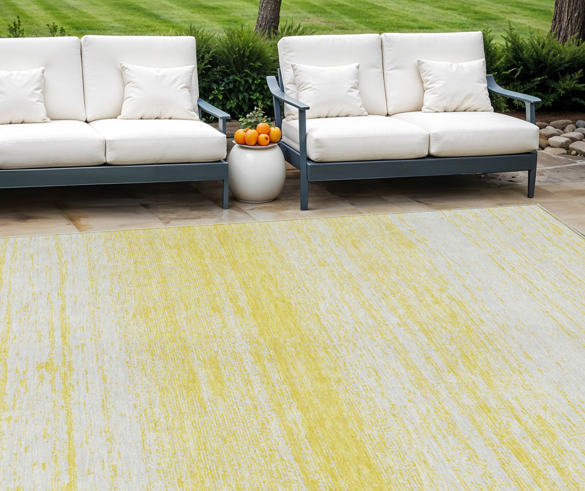 8' X 10' Yellow And Ivory Striped Washable Indoor Outdoor Area Rug