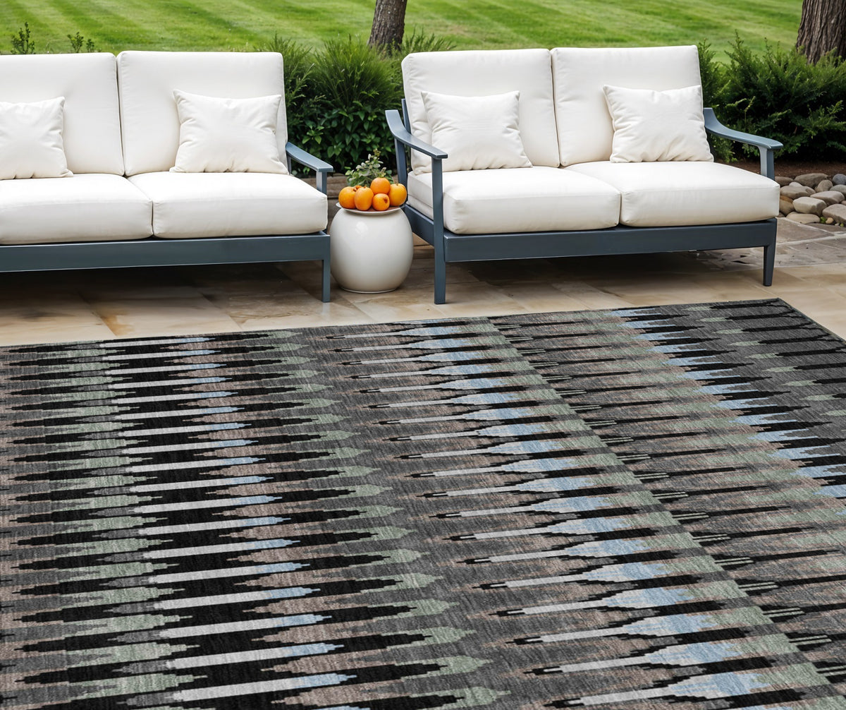 9' X 12' Black Gray And Blue Southwestern Washable Indoor Outdoor Area Rug