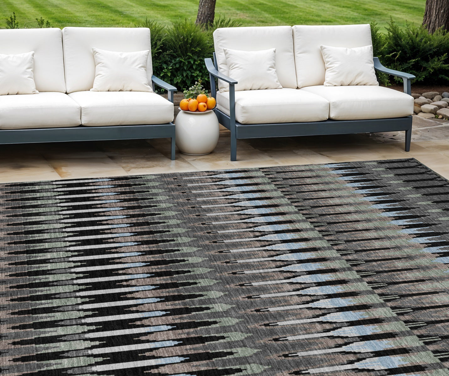 9' X 12' Black Gray And Blue Southwestern Washable Indoor Outdoor Area Rug