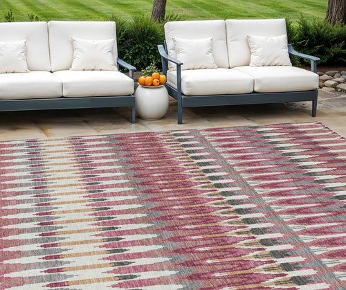 10' X 14' Mauve Merlot And Ivory Southwestern Washable Indoor Outdoor Area Rug