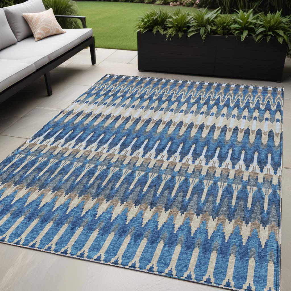 5' X 8' Navy Blue Denim Blue And Ivory Southwestern Washable Indoor Outdoor Area Rug