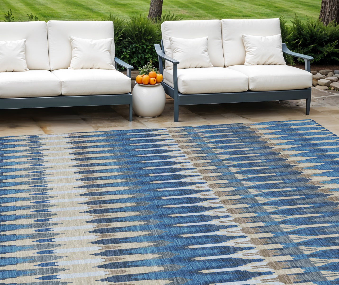 9' X 12' Navy Blue Denim Blue And Ivory Southwestern Washable Indoor Outdoor Area Rug