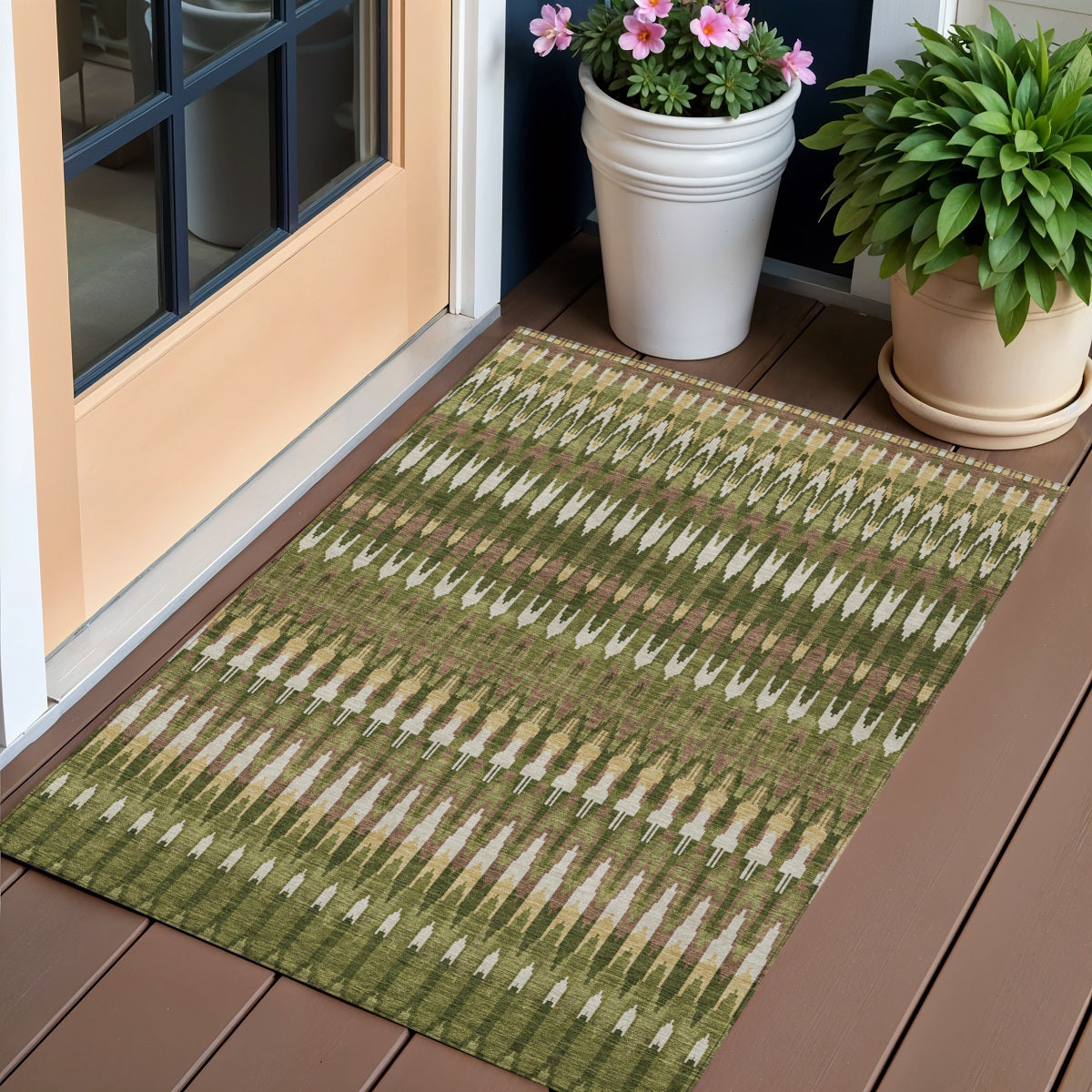 3' X 5' Olive Green Brown And Gold Southwestern Washable Indoor Outdoor Area Rug