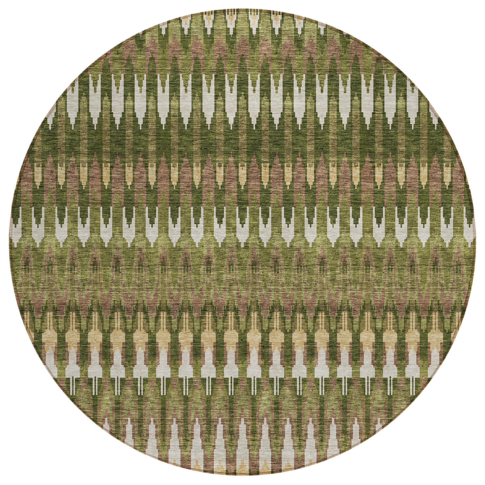 8' Olive Green Brown And Gold Round Southwestern Washable Indoor Outdoor Area Rug