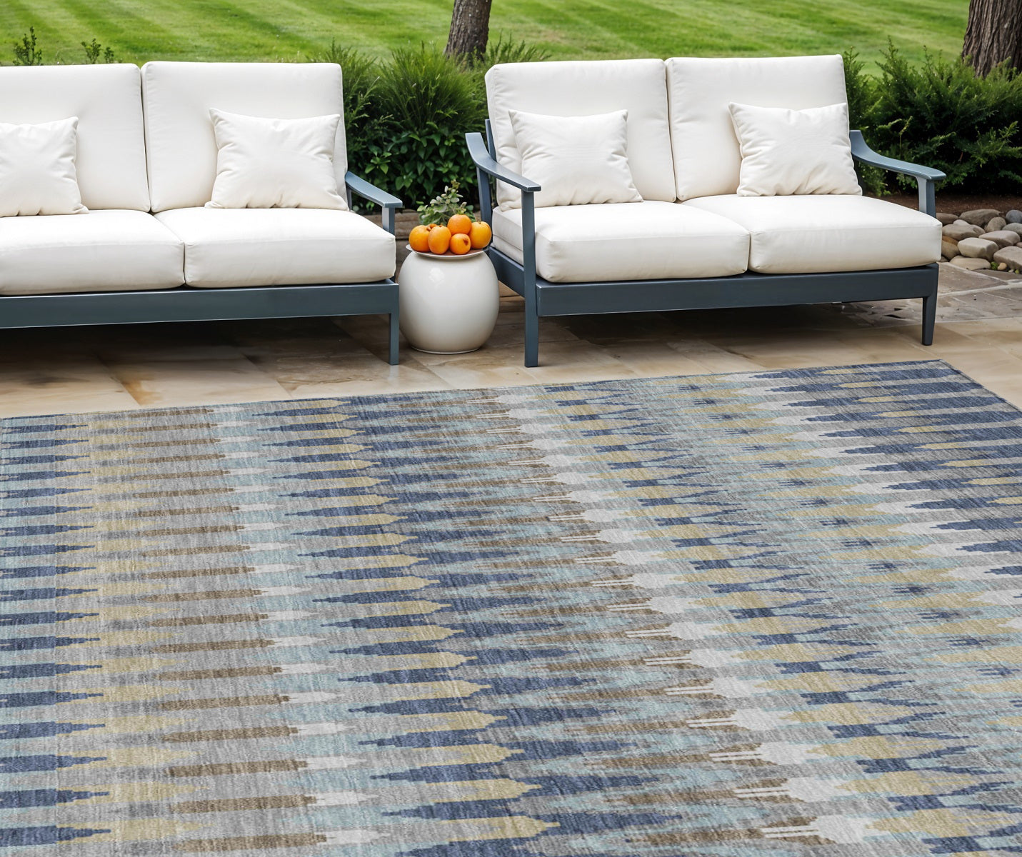 8' X 10' Taupe Navy Blue And Denim Blue Southwestern Washable Indoor Outdoor Area Rug