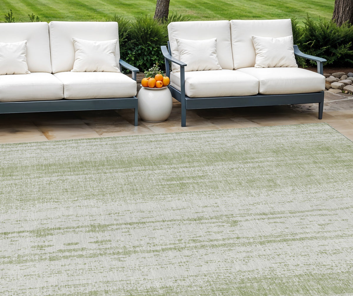 9' X 12' Artichoke Green And Ivory Striped Washable Indoor Outdoor Area Rug