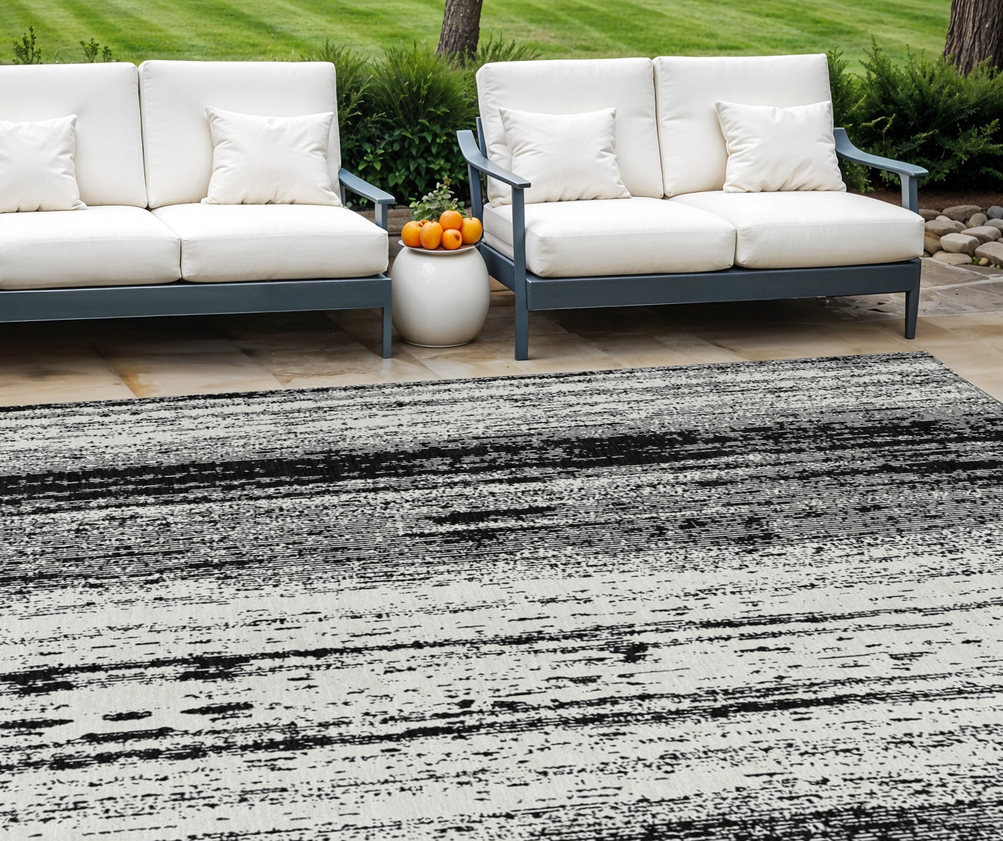 9' X 12' Black And Ivory Striped Washable Indoor Outdoor Area Rug