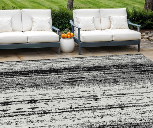 10' X 14' Black And Ivory Striped Washable Indoor Outdoor Area Rug