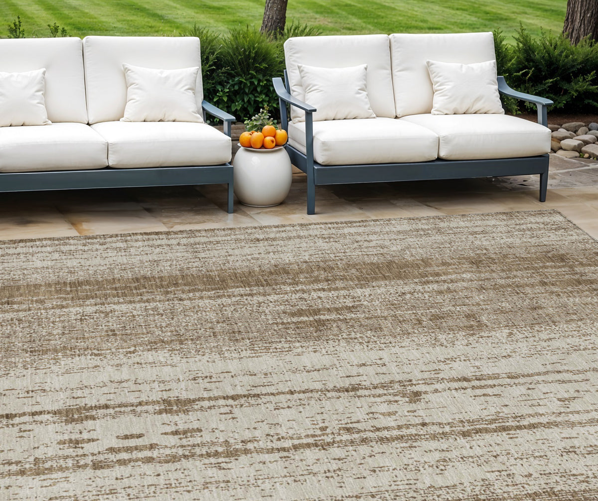 9' X 12' Brown And Ivory Striped Washable Indoor Outdoor Area Rug