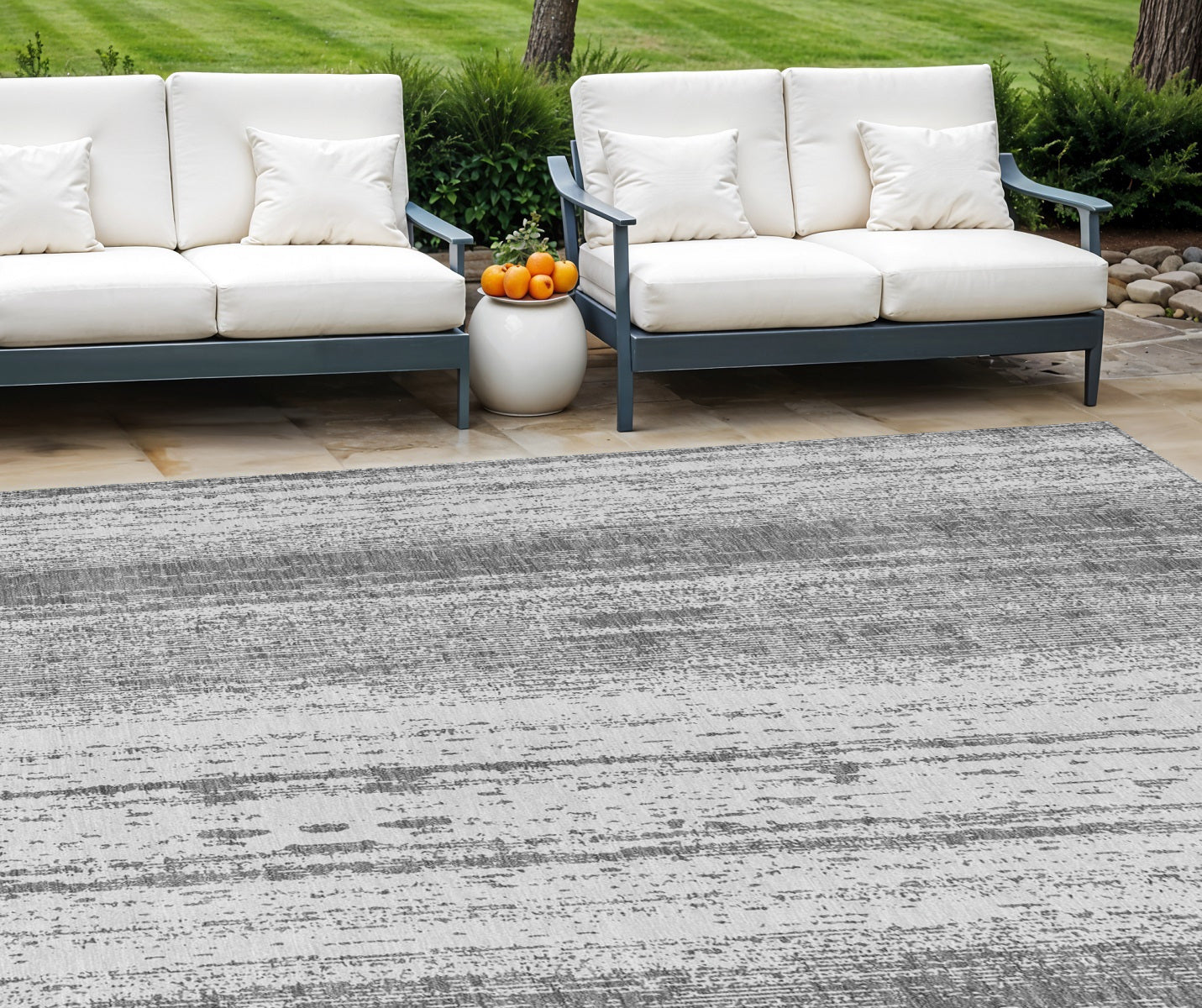 8' X 10' Gray And Ivory Striped Washable Indoor Outdoor Area Rug