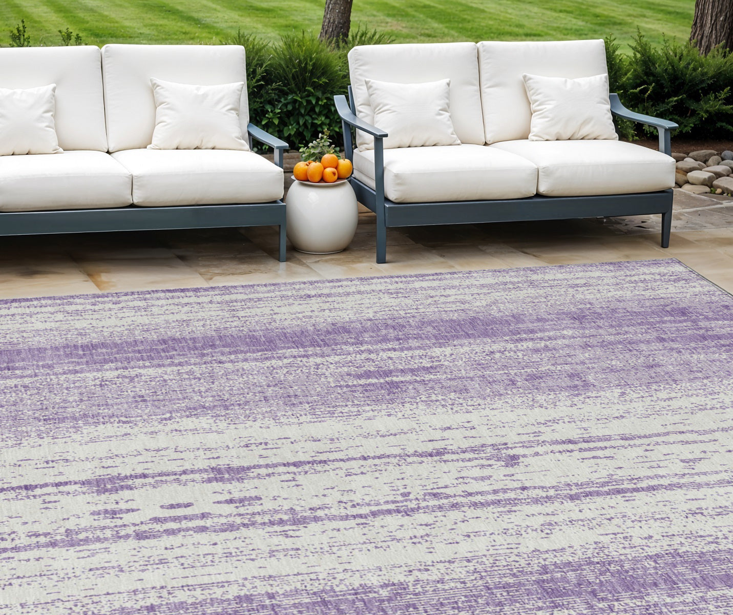 9' X 12' Purple And Ivory Striped Washable Indoor Outdoor Area Rug
