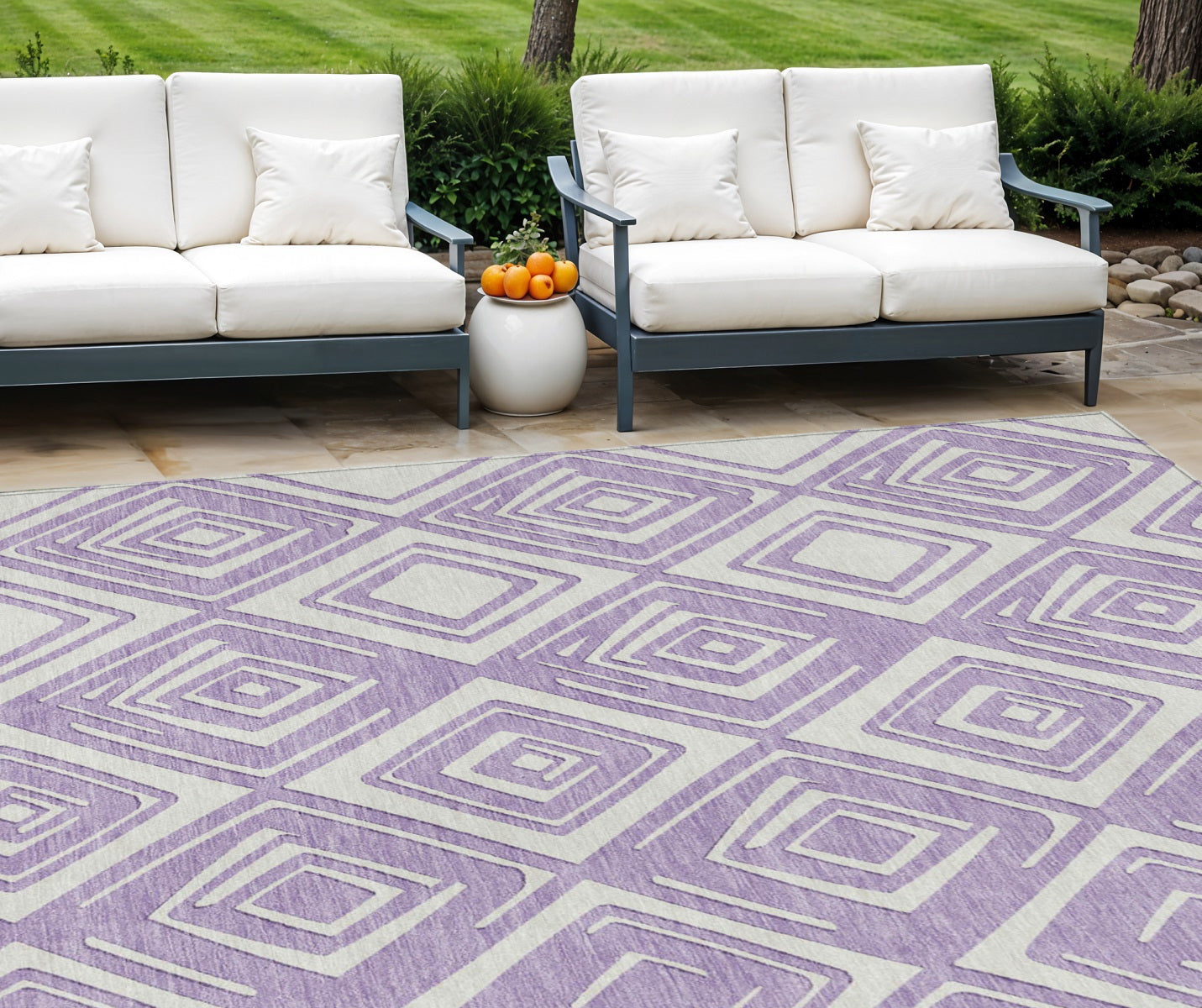 9' X 12' Lavender And Ivory Geometric Washable Indoor Outdoor Area Rug