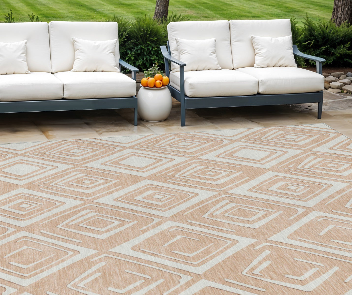 9' X 12' Peach And Ivory Geometric Washable Indoor Outdoor Area Rug