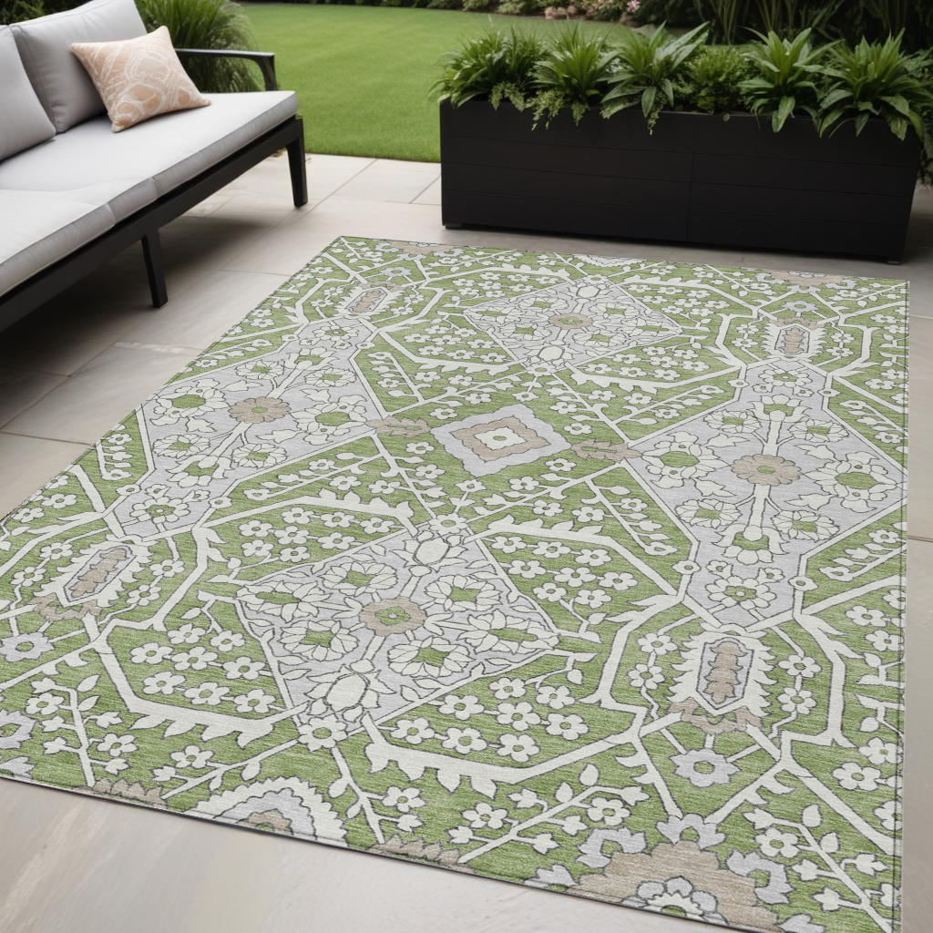 5' X 8' Artichoke Green Ivory And Gray Floral Washable Indoor Outdoor Area Rug