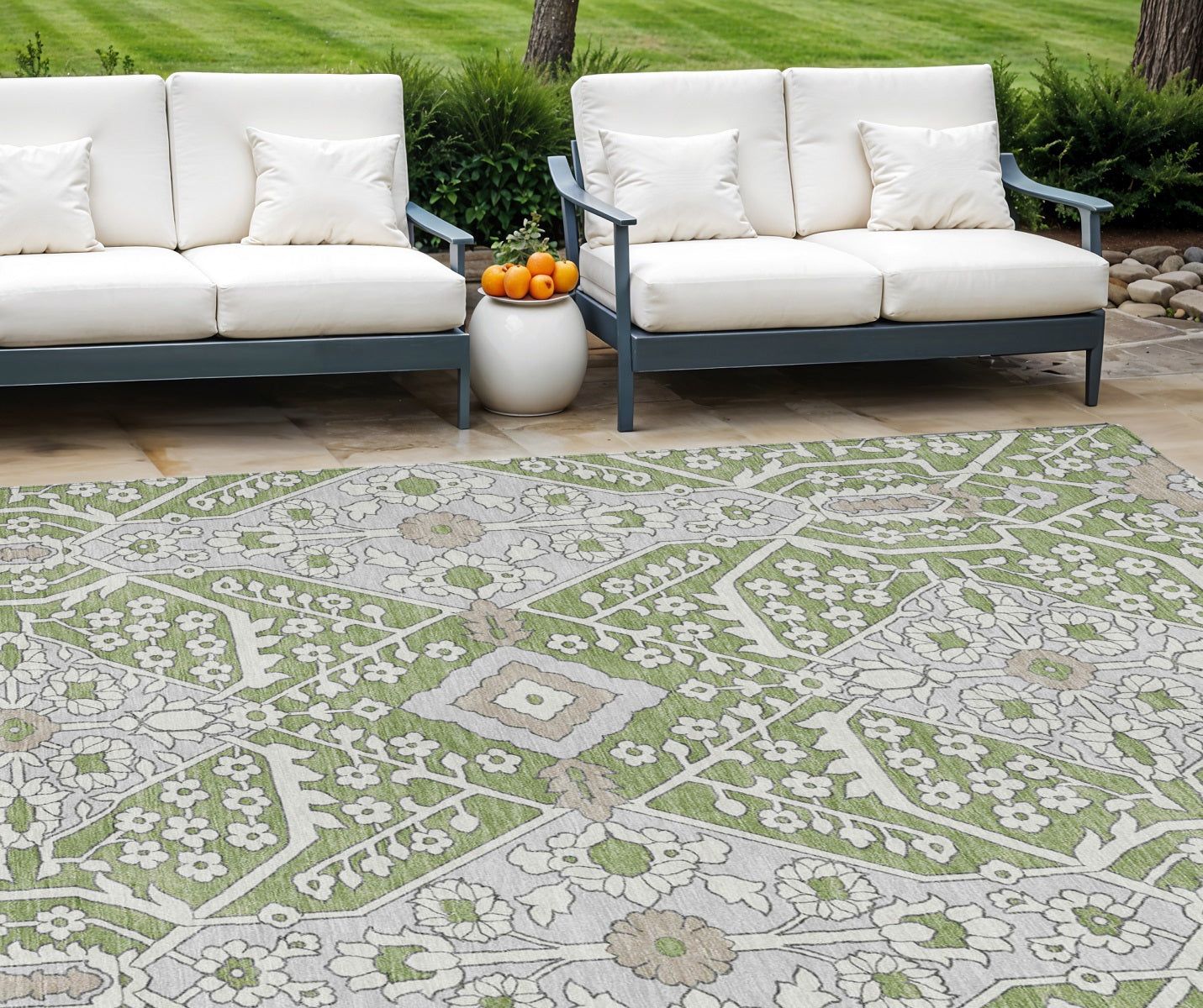 10' X 14' Artichoke Green Ivory And Gray Floral Washable Indoor Outdoor Area Rug