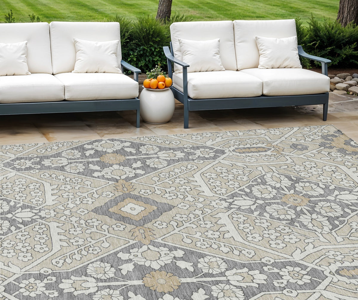 9' X 12' Beige Ivory And Gray Floral Washable Indoor Outdoor Area Rug