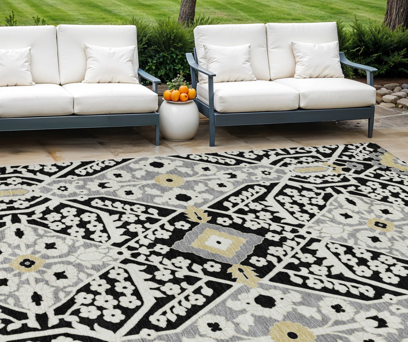 10' X 14' Black Gray And Gold Floral Washable Indoor Outdoor Area Rug