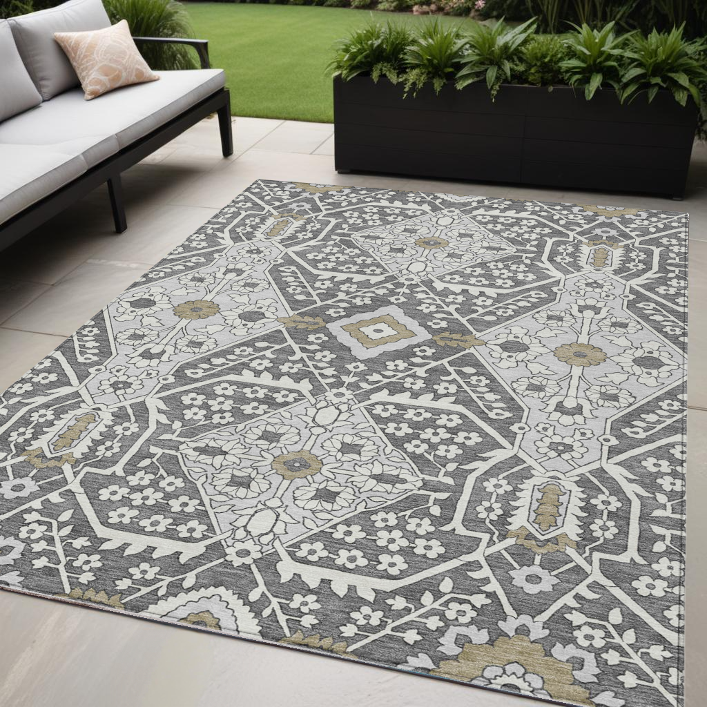 5' X 8' Charcoal Gray And Taupe Floral Washable Indoor Outdoor Area Rug