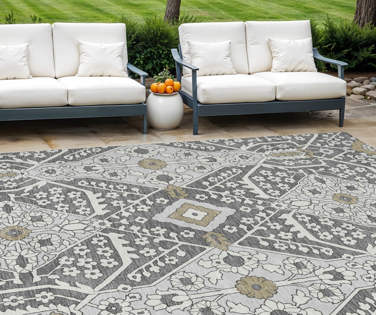 9' X 12' Charcoal Gray And Taupe Floral Washable Indoor Outdoor Area Rug