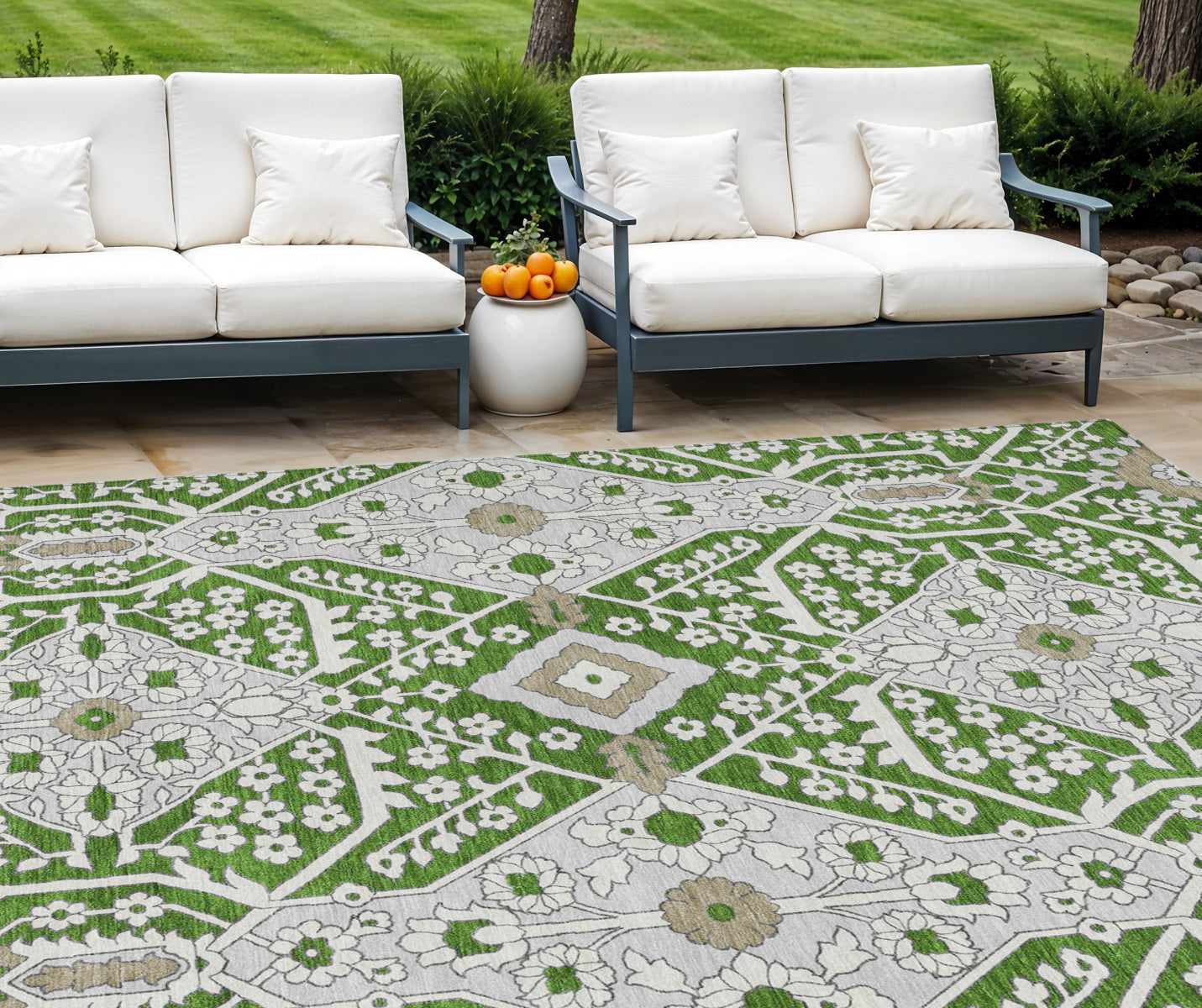 9' X 12' Green Gray And Taupe Floral Washable Indoor Outdoor Area Rug